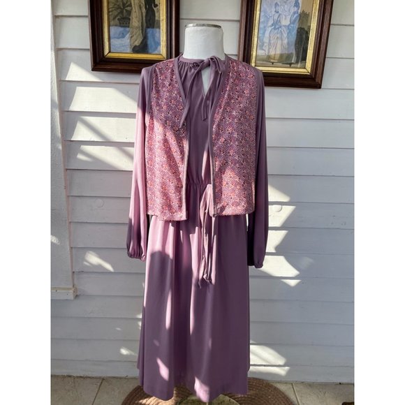 Vintage 1970s Sears Dress with Vest Mauve Poly knit Size 18 - Picture 10 of 16